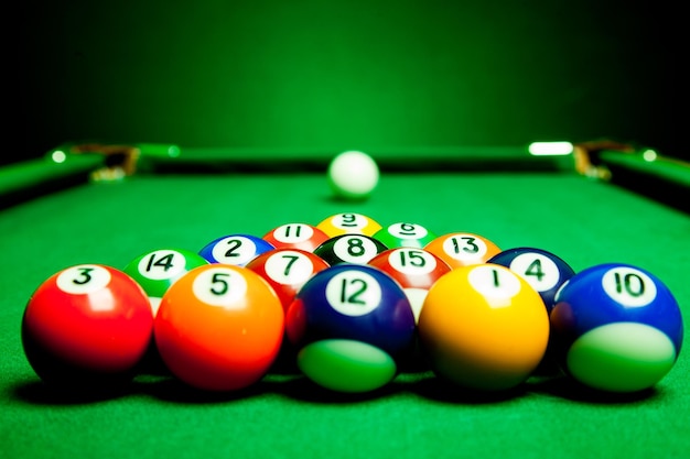 Fifteen billiard spheres lay on green cloth