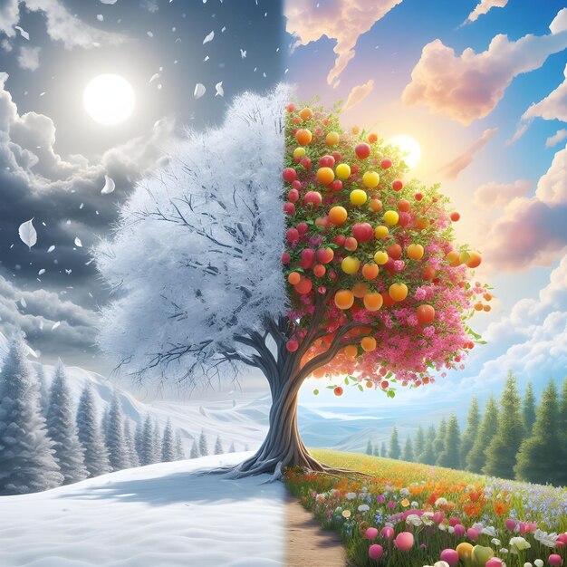 Photo a fifth dimensional image that represents the transition from spring to winter