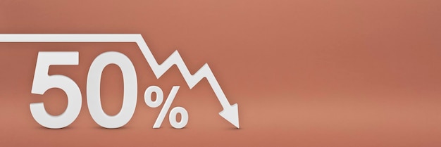 グラフの矢印の50％が下向きです株式市場の暴落クマ市場のインフレ経済崩壊株式の崩壊3dバナー赤い背景の50％割引サイン
