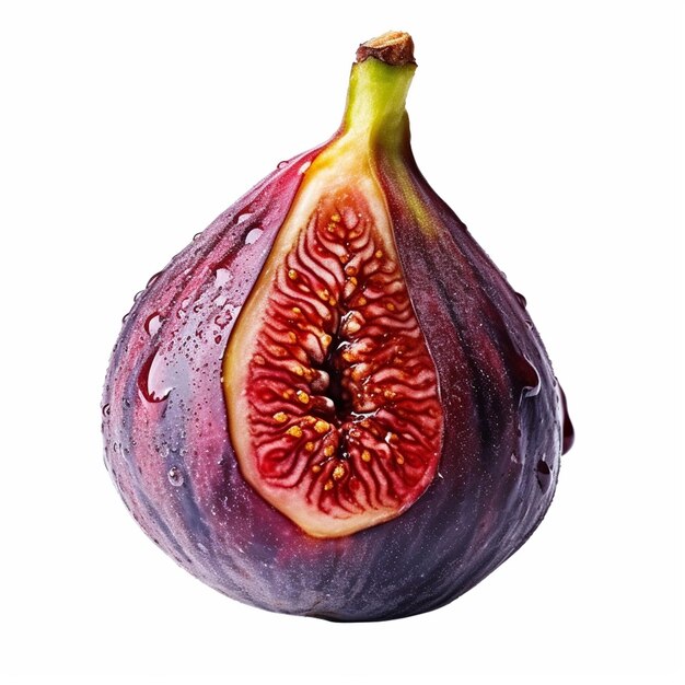 A fig cut in half with water drops on it