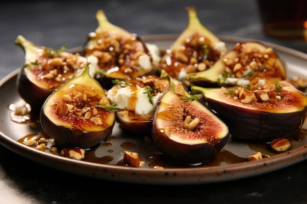 A fig filled with goat cheese and nuts and drizzled with honey