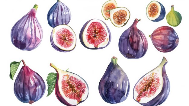 Photo fig fruits isolated on a white background watercolor illustration