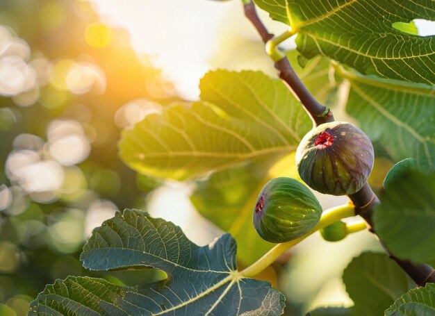 Photo fig grows on a tree in the harvest garden on evernig sun flare with copy space ai generated