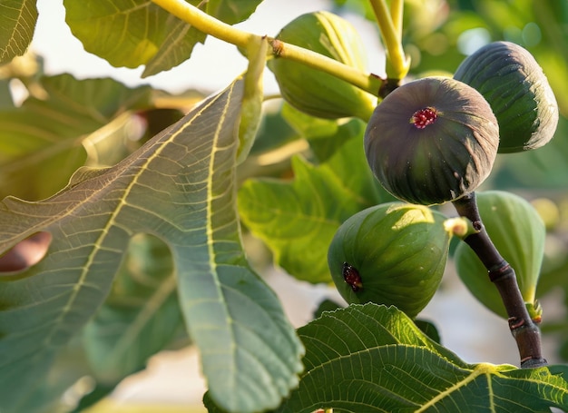 Фига растет на дереве в саду урожая на evernig солнечная вспышка с копированием пространства ИИ генерируется