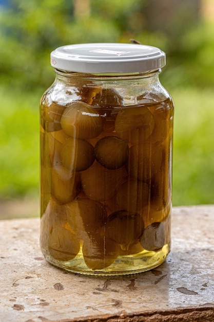 Fig jam in a glass with selective focus