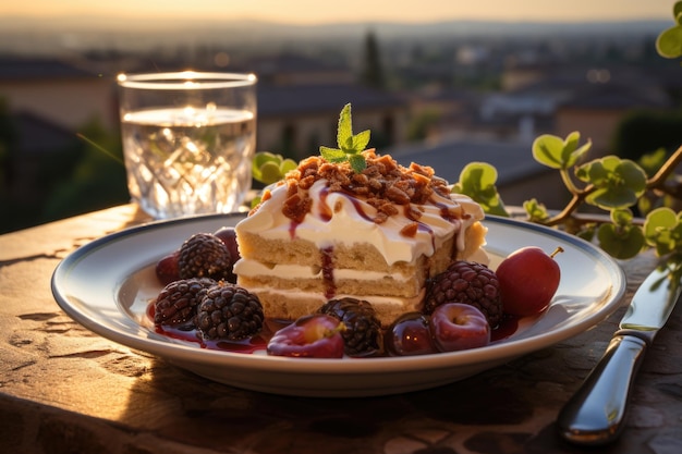 Photo fig pudding in an italian garden overlooking a landscape of wave hills generative ia