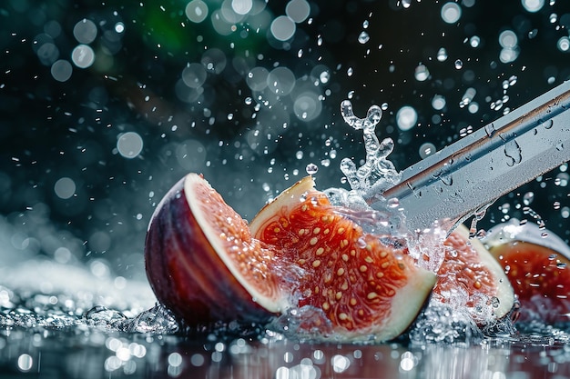 fig slices with knife and water drops and splashes on natural background