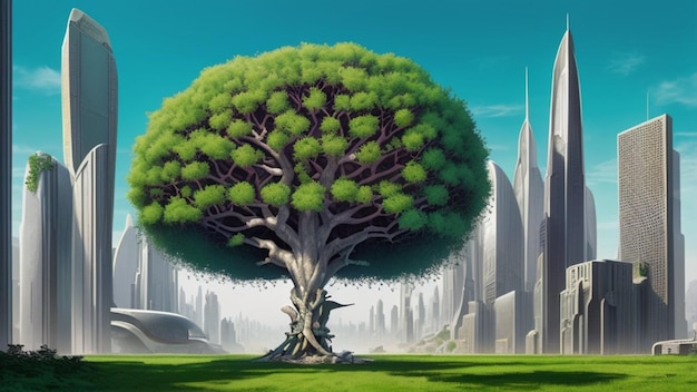 Fig tree in futuristic city future world