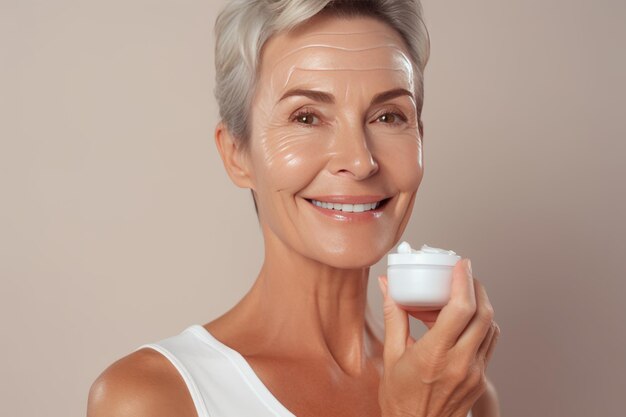 Photo fight against aging skin happy woman years old applies cream to her face closeup skin care beauty