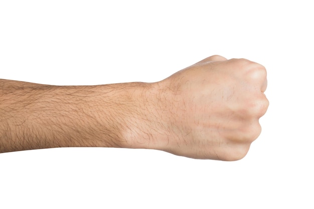 Fight hand gesture. Man clenched fist, ready to punch, isolated on white, close-up, copy space