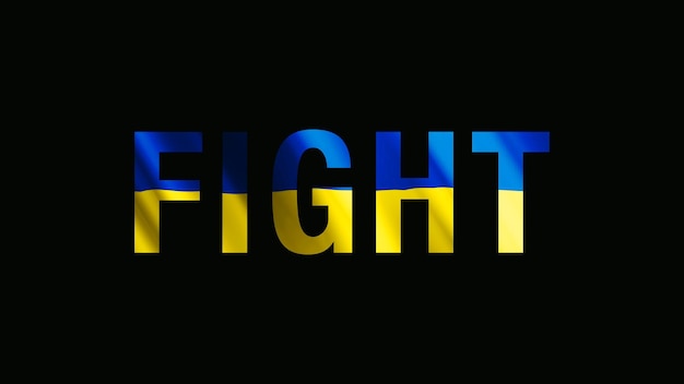 Fight text with Ukrainian flag texture on black background patriotic concept