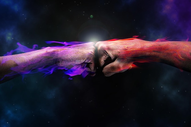 Fight, two fists hitting each other. Fire illustration. with the space background.