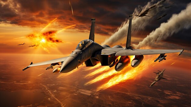 Photo fighter jet in action with fire and explosion in the background