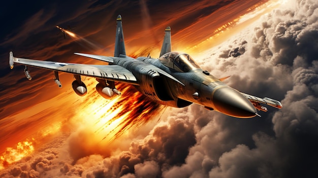 Photo fighter jet in action with fire and explosion in the background