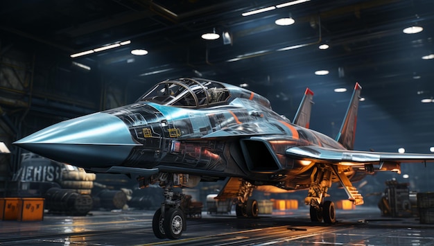 fighter jet in aircraft hangar Military aircraft is being prepared for flight