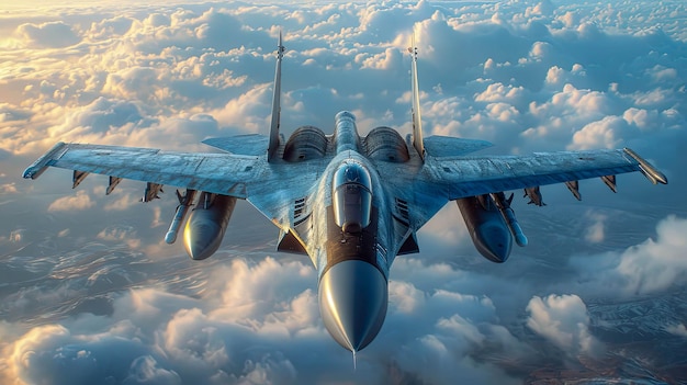 戦闘機が雲の中を飛ぶ 軍用機が空を飛ぶ