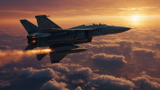 Photo a fighter jet flies over the clouds at sunset