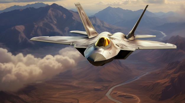 A fighter jet flies over a mountain range.