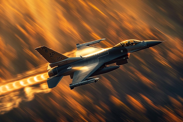 Fighter jet in flight at sunset with speed motion blur background F16 flying in the sky