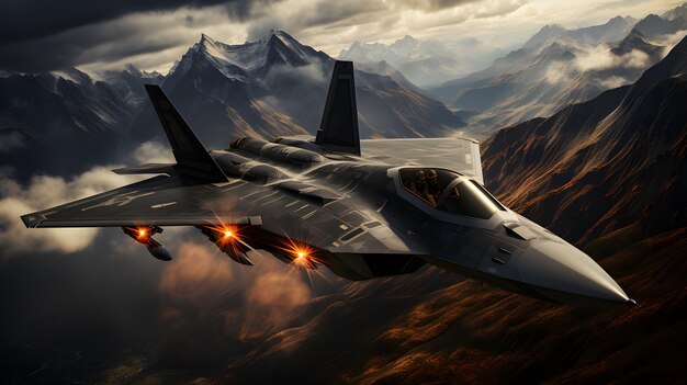 Foto aereo da combattimento che vola sullo sfondo di un bellissimo cielo ia generativa