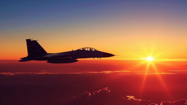 Fighter jet flying over the clouds during sunset