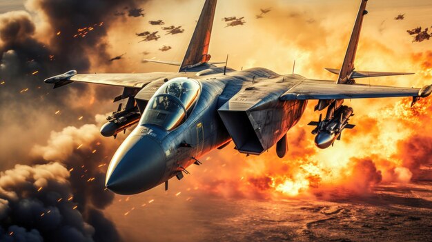 Photo fighter jet flying over fiery explosion military power and technology