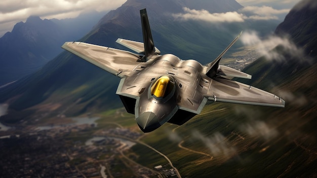 A fighter jet flying over a mountain with a city in the background.