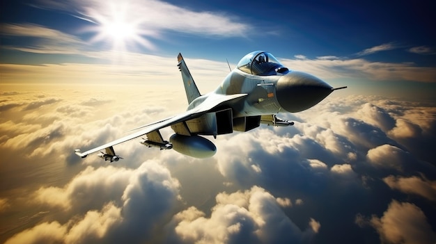 A fighter jet flying in the sky above clouds