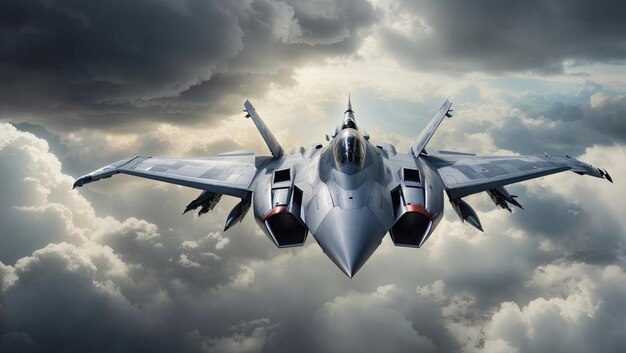 a fighter jet flying through a cloudy sky