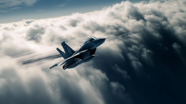 A fighter jet is flying through the clouds.