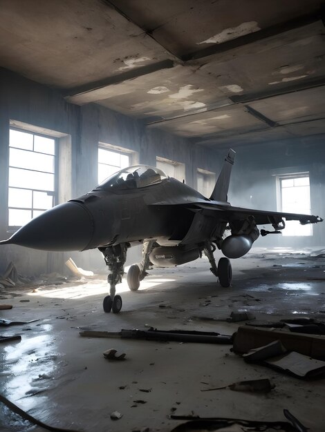 A fighter jet is parked in an abandoned building ai generative