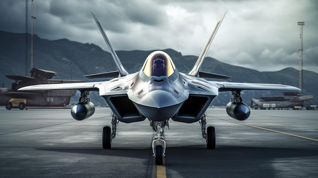 A fighter jet is on the runway with mountains in the background.