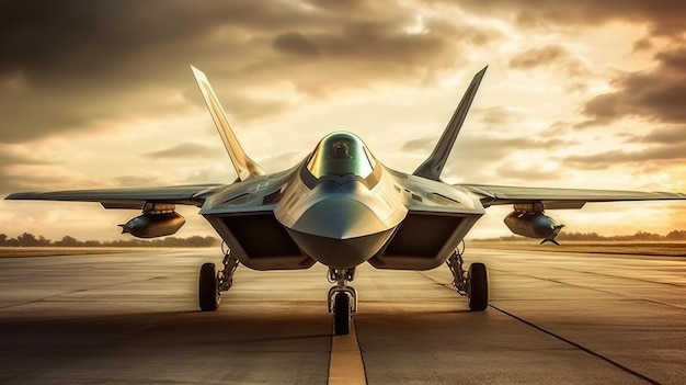 A fighter jet is on the runway with the sky in the background.