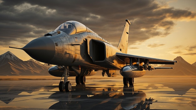 Fighter jet on an isolated runway mountains in the background