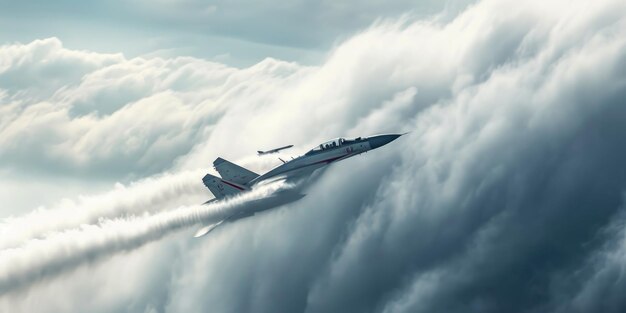 Fighter Jet Piercing Through Clouds with Smoke Trail