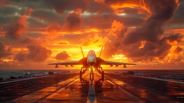 A fighter jet poised for takeoff on an aircraft carrier against the backdrop of a dramatic