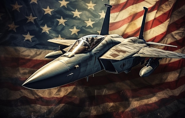 Fighter jet soaring in front of an american flag