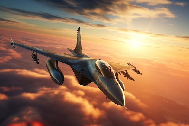 Fighter jet soaring through a sunset sky leaving t 00289 00