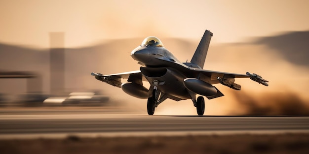 A fighter jet takes off from a runway with the words f - 16 on the front.