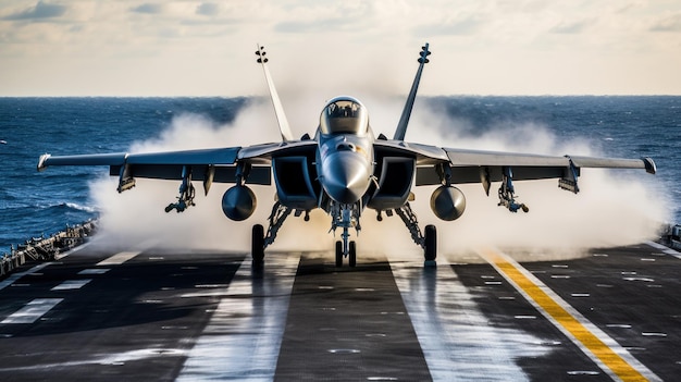 Fighter jet taking off from the deck of an aircraft carrier