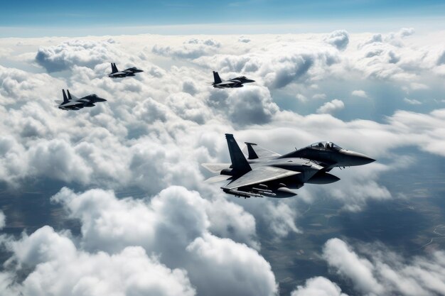 Fighter jets soaring through the clouds in a breathtaking formation Generative AI