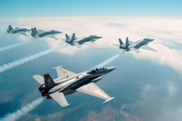 Fighter jets soaring through the sky in a tight formation Generative AI