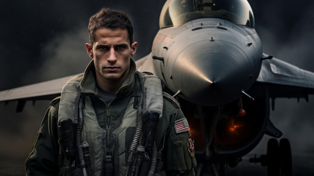 fighter pilot in front of a f16 fighter jet