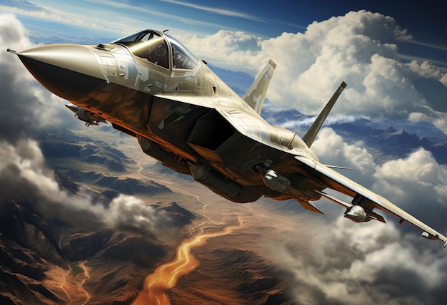 Photo a fighter plane is flying through the sky above a cloud filled sky in the style of photorealism