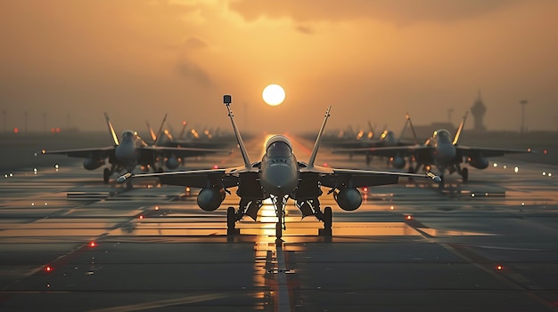 Photo fighter planes lined up at a military airport