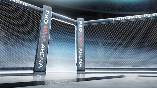 Fighting Championship. Fight night. MMA octagon on the light. Bottom view. Sport. 3D rendering