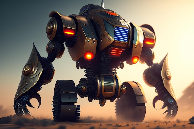 Photo fighting robot robot warrior cyborg steampunk style artificial intelligence concept