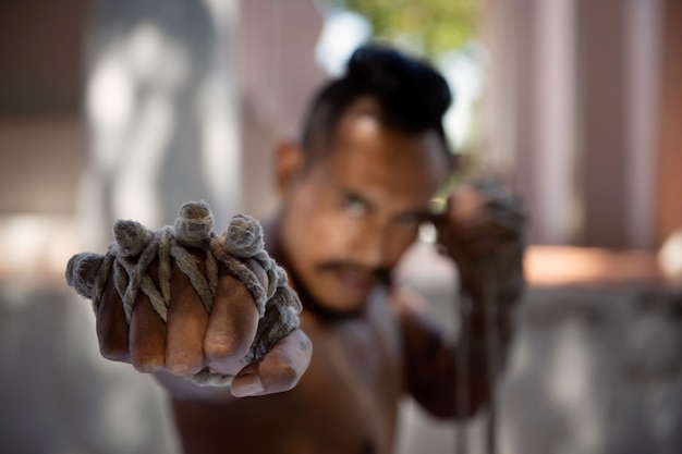 Fighting stance Of ancient Muay Thai, Ayutthaya, Thailand