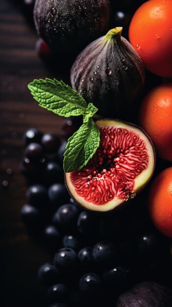 Figs grapes and blackberries on a wooden table ai