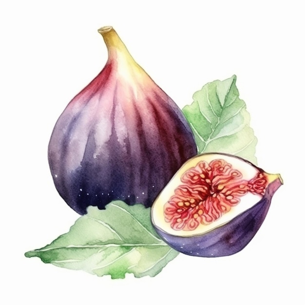 Figs with leaves on a white background. watercolor illustration.